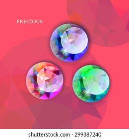 Precious low-poly gem in the pink background. Jewelry moon. Abstract background vector illustration.