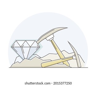 Precious Metal And Natural Resources Extraction And Mining With Pickaxe Line Vector Illustration