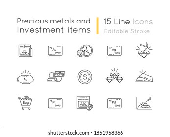 Precious metals and investment linear icons set. Business investment. Mining production. Customizable thin line contour symbols. Isolated vector outline illustrations. Editable stroke