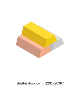 Precious metals isometric icon. Bullion Gold, Silver, Copper