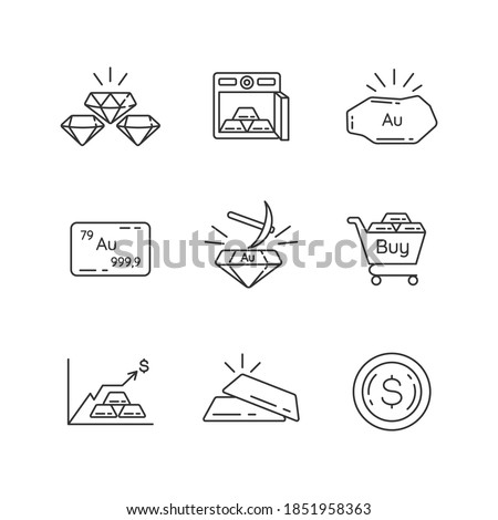 Precious metals linear icons set. Platinum and silver bars in safe. Mining for gold. Golden bullion. Customizable thin line contour symbols. Isolated vector outline illustrations. Editable stroke