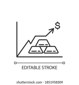 Precious metals price linear icon. Money investment. Bullion trade. Buy and sell gold. Thin line customizable illustration. Contour symbol. Vector isolated outline drawing. Editable stroke