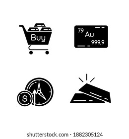 Precious metals trade black glyph icons set on white space. Buy golden and silver bullion. Industrial commodity. Gold and platinum bar. Silhouette symbols. Vector isolated illustration