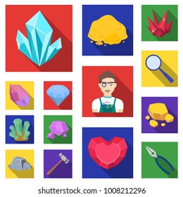 Precious Minerals flat icons in set collection for design. Jeweler and Equipment vector symbol stock web illustration.