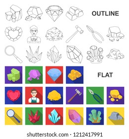 Precious Minerals flat icons in set collection for design. Jeweler and Equipment vector symbol stock web illustration.