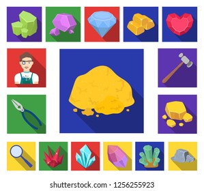 Precious Minerals flat icons in set collection for design. Jeweler and Equipment vector symbol stock web illustration.