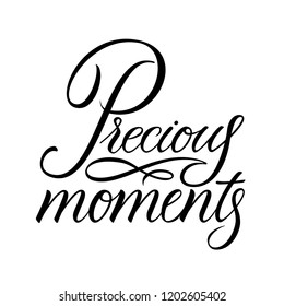 Precious moments calligraphy quote. Motivational hand letered phrase. T shirt design, poster idea, greeting card template. Modern brush banner. Black Vector illustration on white background