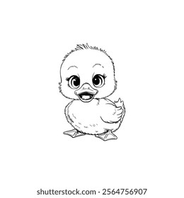 A Precious Moments style colored pencil illustration of a cute baby white duck sitting on a white background