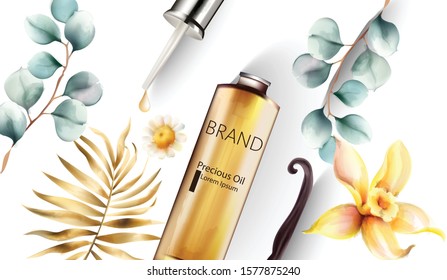 Precious oil bottle with dropper. Golden and blue leaves on background. Place for brand or text. Vector