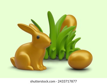 Precious rabbit is sitting in green grass, golden eggs are spread on lawn