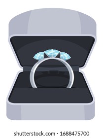 Precioso anillo con diamantes en caja abierta icono de vector plano. Anillo de bodas con gemas en la ilustración de recipientes grises aislados en fondo blanco