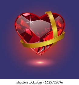 a precious ruby heart is tied with a gold ribbon on a blue background