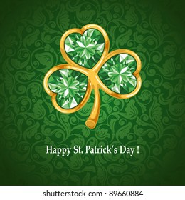 Precious shamrock on green ornate background