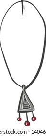 Un precioso collar de plata con un colgante en forma de triángulo y tres piedras rojas, vectores, dibujos de color o ilustración. 