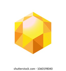 Precious stone, closeup poster, placard with luxury object of yellow color with karats and facets, precious stone isolated on vector illustration