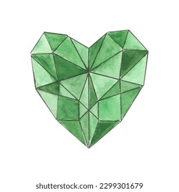 Precious stone, emerald, green crystal. heart shape, Watercolor vector illustration.