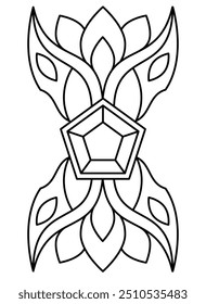 Pedra preciosa e plantas, elemento decorativo - imagem linear vetorial para colorir no estilo mágico, elven. Contorno. Fragmento de planta para criar ornamentos, modelo para criatividade.
