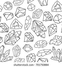 Precious stone seamless pattern. Isolated elements of different size and shape on dark blue background. Vector illustration. Wrapping paper design. fabric and textile print, decoration, background.