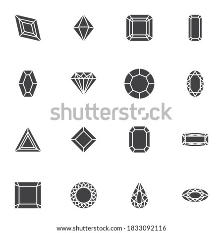Precious stone vector icons set, modern solid symbol collection, filled style pictogram pack. Signs, logo illustration. Set includes icons as gemstone shapes, square, triangle, circle, oval