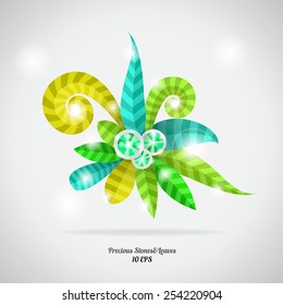 Precious stones and beautiful leaves. Vector isolated on a gray background. 