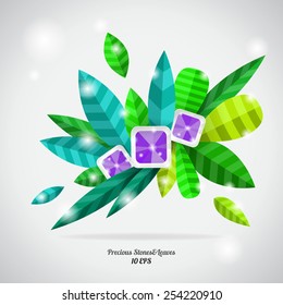 Precious stones and beautiful leaves. Vector isolated on a gray background. 