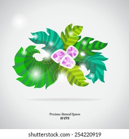 Precious stones and beautiful leaves. Vector isolated on a gray background. 