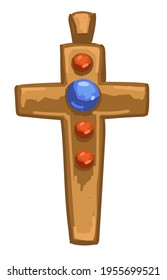 Precious stones and jewels on golden cross, medieval or baroque artifact. Isolated historical exponent, antiquity and vintage, orthodox christianity and religion in old times. Vector in flat style