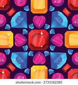 Edelsteine nahtloses Muster. Kaleidoskopisches Ornament aus Smaragden und Rubinen. Brillante Diamanten. Kristalline Facetten. Wiederholter Druck. Edelsteine. Herzförmige Saphire. Vektorhintergrund