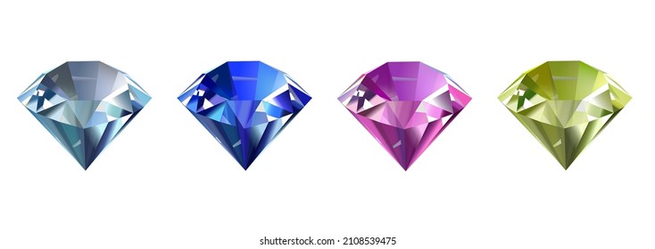 precious stones, side view: diamond, emerald, sapphire, citrine. Yellow, red, pink, blue, green,violet hold