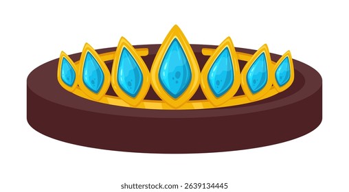 Precious tiara. Golden tiara on stand, gold glamorous jewelry, blue gemstones diadem flat vector illustration. Cartoon coronet on white background