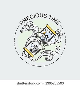 Precious Time. Sacred hourglass - linear design style isolated illustration. Tattoo vector concept art