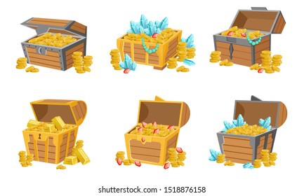 Precious Treasures Set, Crystals, Gems and Golden Coins in Wooden Chests, Game User Interface Assets Vector Illustration