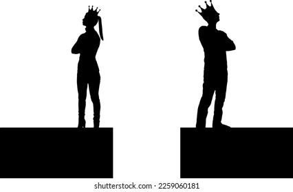 Precipice between a selfish man and a woman with a crown on his head, they stand with their backs to each other. Vector Silhouette. Concept of selfishness and arrogance in relationships