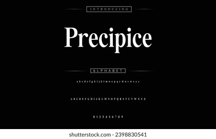 Precipice Elegante Tipo de letra en mayúscula, minúscula y número. Diseños de moda mínimos con letras clásicas. Tipografía moderna de serif con el concepto de vintage decorativo regular. ilustración vectorial
