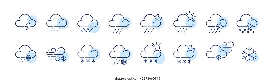 Precipitation weather forecast icons. Storm, snow, rain, drizzle and hail. Pixel perfect, editable stroke line icons set