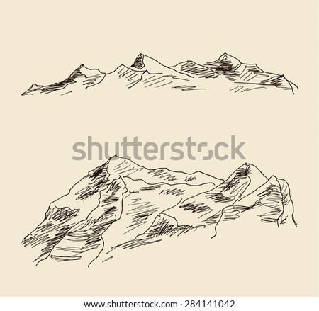 Precipitous mountain landscape sketch hand drawing, in engraving etching style, for extreme climbing sport, adventure travel  and  tourism design