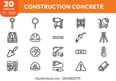A precise core construction tools like trowels, hammers, concrete mixers alongside critical safety gear such as helmets, vests, gloves. Includes structural components like cranes.