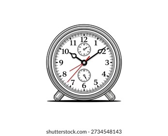 Un dibujo preciso de un reloj de escritorio con agujas visibles de hora y minuto y una esfera secundaria