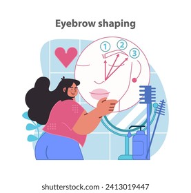 Precise eyebrow shaping guide. A detailed step-by-step tutorial for perfect brows with tools and techniques. Flat vector illustration.