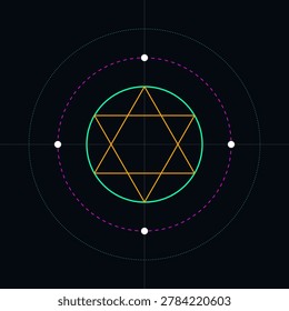 A precise geometric composition featuring a golden star of David nested circles dashed lines and four white points on black