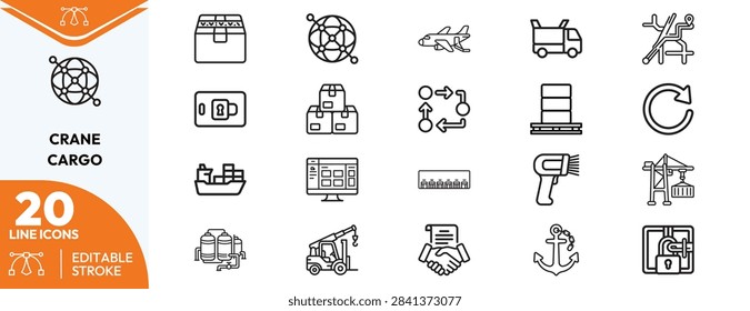 A precise key cargo logics elements like cranes, shipping containers, freight trucks, cargo ships, warehouse machinery. Ideal transportation, logics, ustrial presentations.