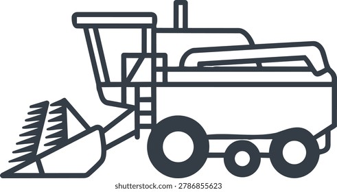 A precise line art illustration depicting a modern combine harvester, showcasing its complex machinery and agricultural functionality.