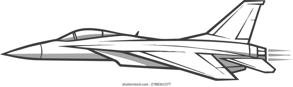 A precise line drawing showcases the sleek design and powerful features of a contemporary fighter jet, emphasizing its aerodynamic form.