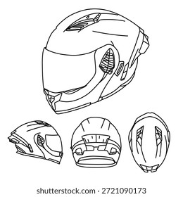 Un dibujo de línea preciso que muestra un casco de motocicleta moderno desde múltiples ángulos, destacando su diseño aerodinámico y características de ventilación