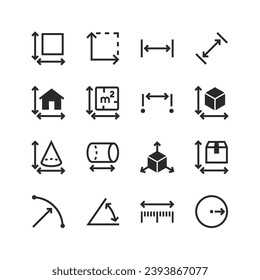 Precise measurement of dimensions icons set. Dimension and perimeter measurement with high accuracy. Black and white style