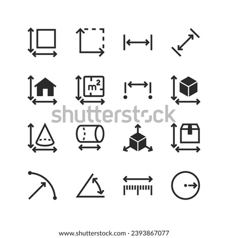 Precise measurement of dimensions icons set. Dimension and perimeter measurement with high accuracy. Black and white style