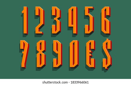Precise orange red black 3d numbers and currency signs with shadow. Volumetric display font.