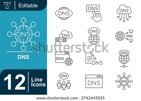 Precise outline DNS icons illustrating domain name system configuration, server routing, cloud infrastructure and network resolution concepts ideal for hosting services and IT dashboards.
