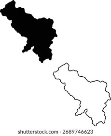 A precise vector graphic illustrating a specific geographical entity with both its bold black silhouette and intricate border outline.