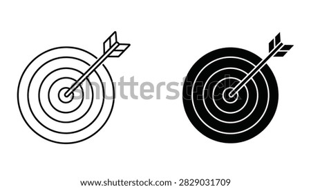A precise vector icon set featuring a target with an arrow hitting the bullseye. This graphic symbolizes goal achievement accuracy success and strategic planning.